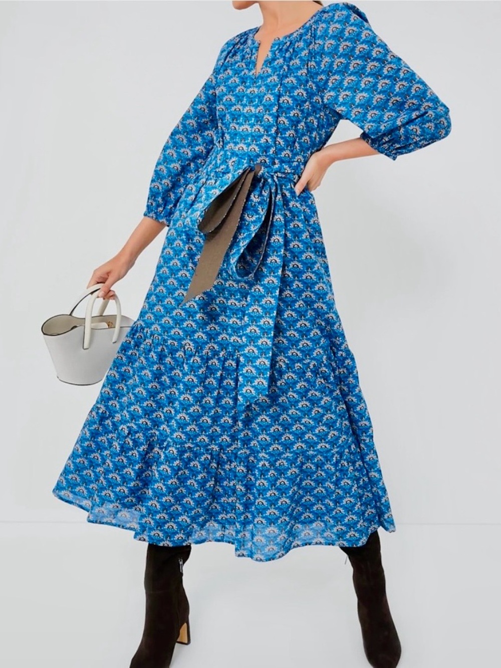 Tuckernuck Royal Blue Floral Midi Dress with Puff Sleeves - Picture 2 of 9